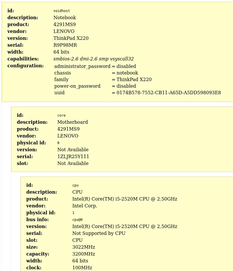 export data hardware linux dengan lshw