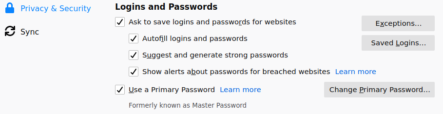 setting login and password firefox add primary password